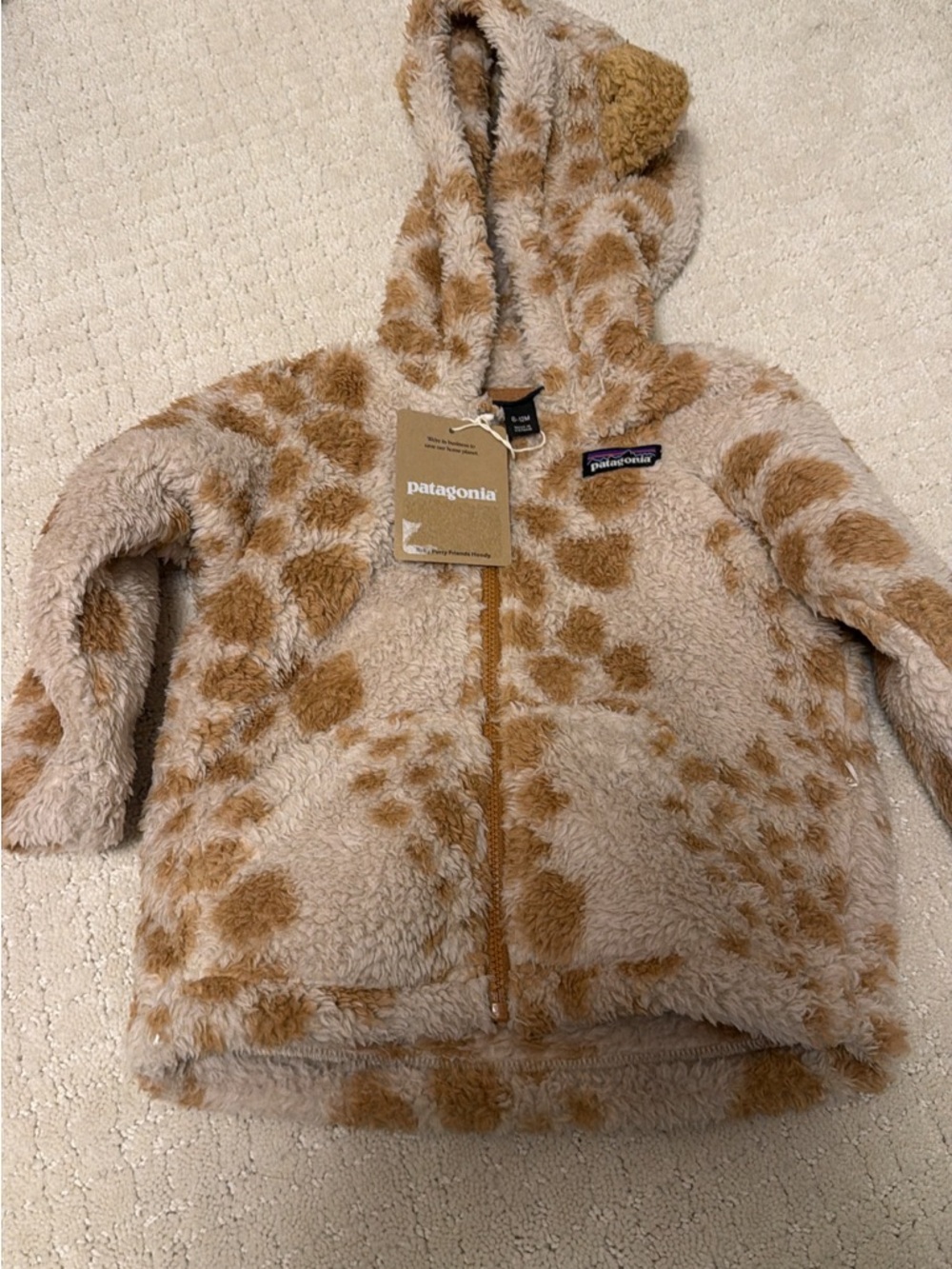 Patagonia Teddy Fleece Hoodie in Beige and Brown Giraffe Print